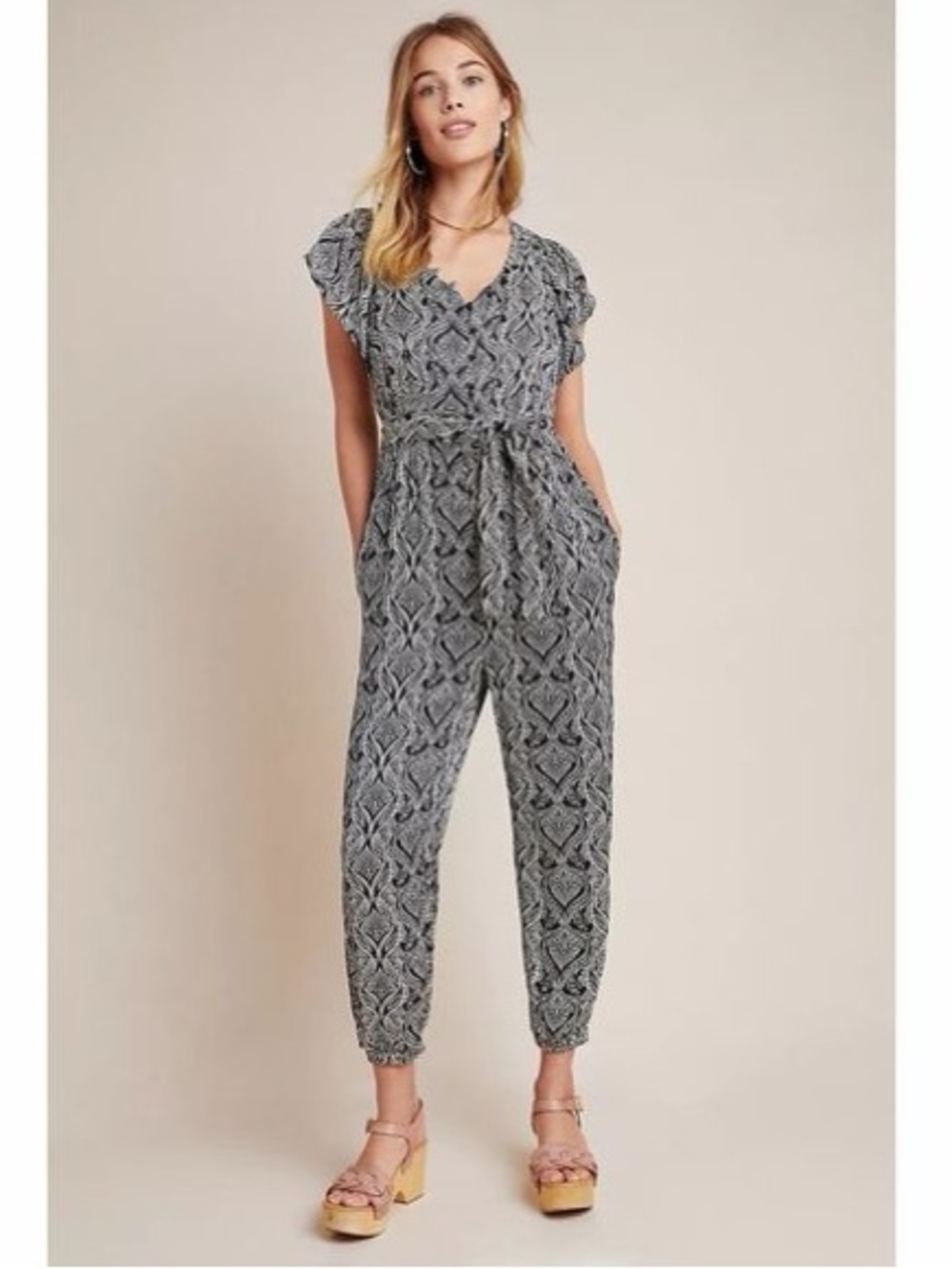 NWT Anthropologie Zadie Satin Belted Jumpsuit Navy Print Size 12